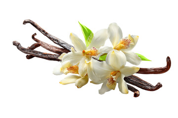 Close-up of vanilla orchid flowers and pods.  Aromatic, rich, and delicate vanilla pods with several blossoms in creamy white and hints of pale yellow.  Fresh, fragrant, exotic