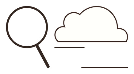 Magnifying glass beside simplified cloud shape with horizontal lines. Ideal for technology, data analytics, online storage, cloud search, research, network optimization, simple flat metaphor