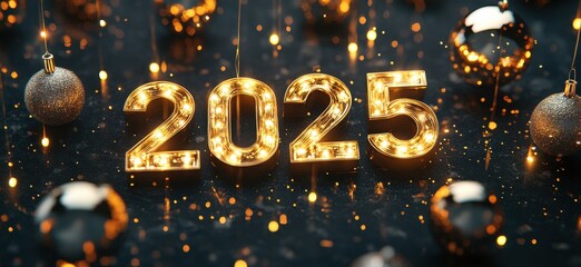 Golden 2025 text with hanging ornaments and sparkling New Year decorations for festive celebrations