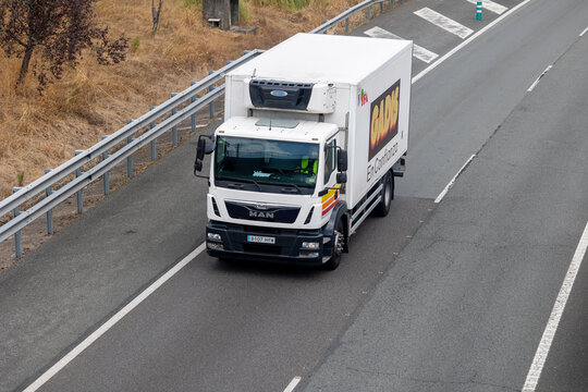 Pontevedra, spain 20 08 2025 white man tgl refrigerator truck transporting goods on highway. Pontevedra, spain 20 08 2025