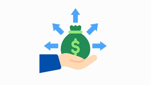 Money Expand Platforms 2D Objects Animation Flat Cartoon 4K Video. Hand, Money Bag, Arrow, Hedge Fund. Transparent Alpha Channel. Editable Animated Icon Transparent Background for Investment, Finance.
