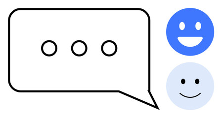 Chat bubble with three dots beside blue and light gray happy faces. Ideal for communication, teamwork, customer support, user engagement, positivity, feedback, simple landing page