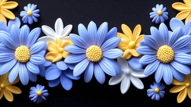 A macro closeup of beautiful white and yellow daisy flowers blossoming in a vibrant summer field