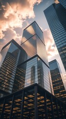 Naklejka premium Low angle view of glass skyscrapers at sunset with dramatic clouds