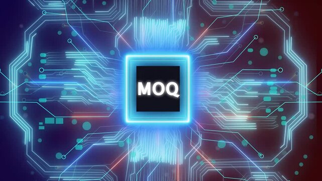MOQ &ndash; Minimum Order Quantity. MOQ concept head up display (HUD UI) panel and futuristic technology. Digital Data moving on Circuit Board and CPU . Computer Processing and organizing data.
