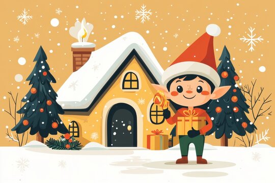 A charming Christmas elf carries gifts in a snowy village setting, surrounded by decorated trees and a cozy cottage, evoking warmth and holiday cheer.