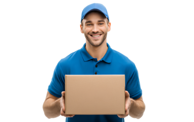 A man in a blue polo shirt and cap, smiling while holding a cardboard box, isolated on a transparent white background 