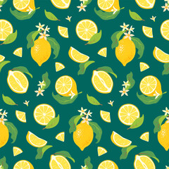 Lemon seamless pattern with leaves and flowers on green background. Bloomy citrus fruit design for summer kitchen fabric, packaging and organic theme. Vector illustration in flat style