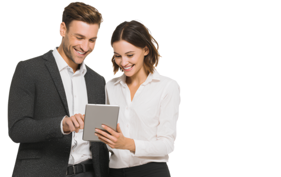  A man and woman smiling while looking at an iPad, transparent background, professional attire, professional photograph, high resolution.