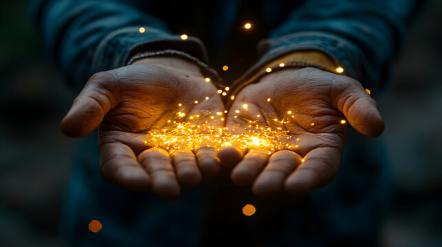Hands in prayer with a golden ring, reflecting the blue flame of a Christmas celebration