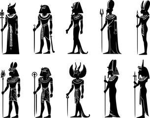 Vector sketch illustration collection of silhouette sketches of character designs of ancient Egyptian gods and pharaohs