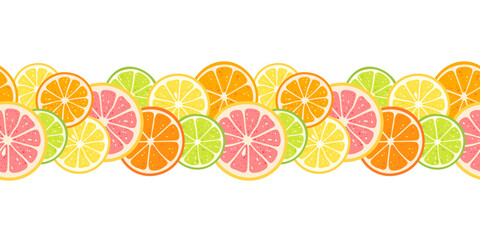 Juicy citrus fruits slices seamless border with orange, lemon and lime on transpent background. Vector illustration in flat style
