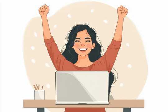 Happy woman celebrating at her desk with a raised arm gesture in front of her laptop, expressing joy and success in a work environment