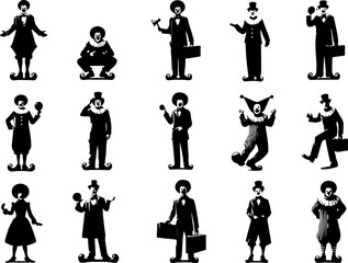 Vector sketch illustration collection of silhouette sketches of cute, cheerful, funny clown designs with creepy-faced event entertainers