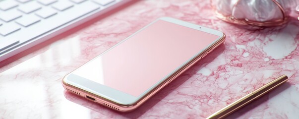 Mockup of a blank iPhone screen on a pink marble desk with flowers and stationery
