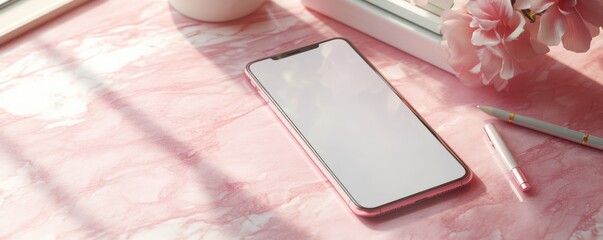 Minimalist iPhone mockup with blank screen on elegant pink marble desk with flowers and notebook