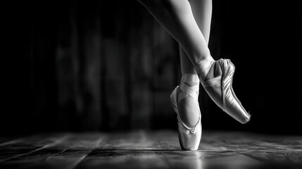 Elegant ballet dancer legs in pointe shoes. Dancer standing en pointe on dark wooden stage. Artistic black and white classic dance.