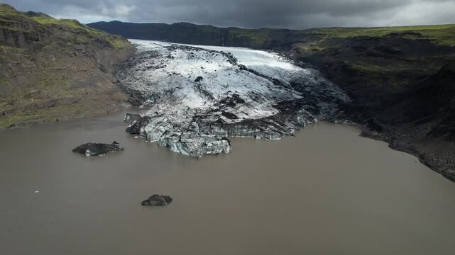 Icelandic Glacier Solheimajokull Panoramic Aerial View 4K 60fps