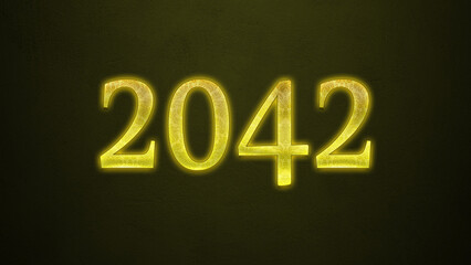 Neon glowing yellow number of 2042 on dark background.