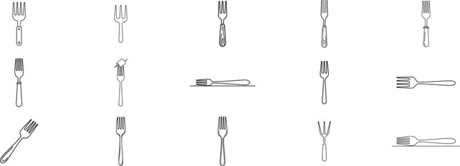 Elegant Collection of Minimalist Line Icons Showcasing Diverse Fork Designs for Culinary Use in Black Outline Style