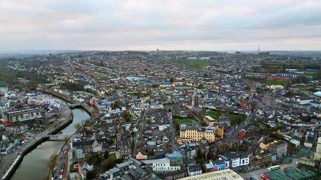 Aerial drone view of the center of Cork city in Ireland in daylight