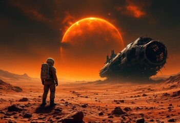 A lone astronaut in a rusty, damaged spacesuit surveys a wrecked spacecraft on a desolate, red alien planet under a fiery, large orange sun.  