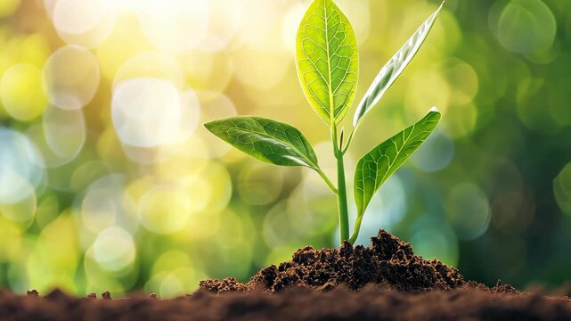 New Life's Emergence: A vibrant sprout breaks through the earth, bathed in the warmth of sunlight, embodying growth, hope, and the cyclical nature of existence.
