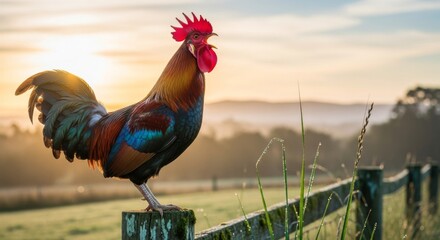 Rooster crowing at sunrise on a farm fence.