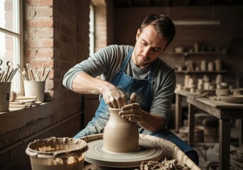 A caucasian man, a potter, shaping clay on a pottery wheel in a workshop with brick walls and natural light.