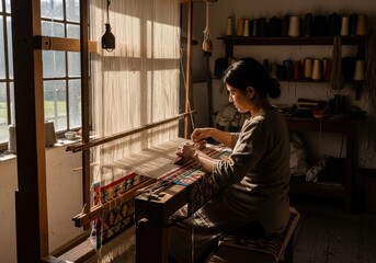 Woman weaving traditional textile on a loom inside a sunlit room. Artisanal craft and cultural heritage, handmade fabric.