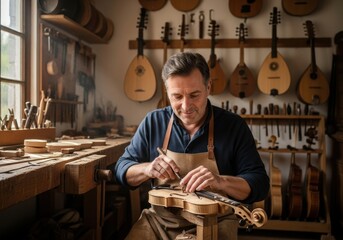 Man luthier crafting a violin in his workshop. Artisan working on a wooden musical instrument. Handmade musical instrument concept.