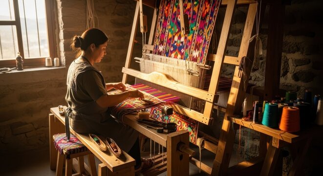 Woman weaver works at a folk loom producing colourful fabric with traditional patterns. Hispanic heritage textile trade.