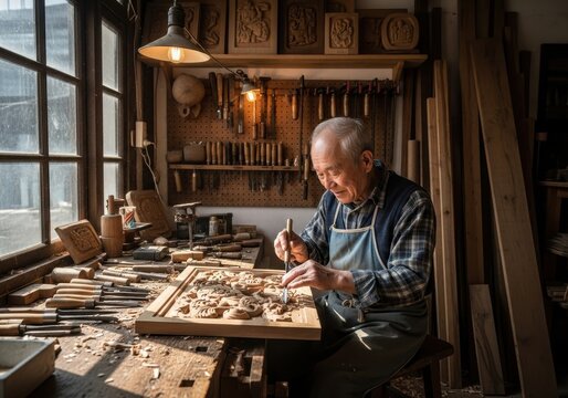 Elderly man, a wood carver, working on wooden sculpture. Asian craftsman in workshop. Artistic wood work and craft hobby concept.