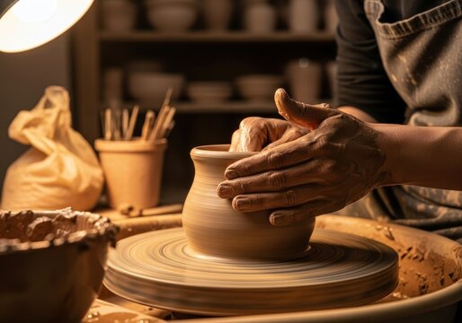 Woman potter works on a spinning pottery wheel, shaping clay with her hand in a dimly lit studio. Craft and hobby concept.