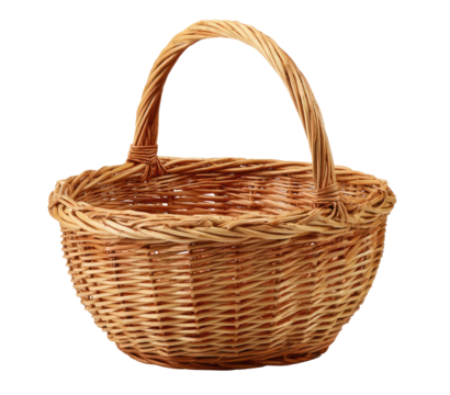 Empty shallow wicker basket with handle