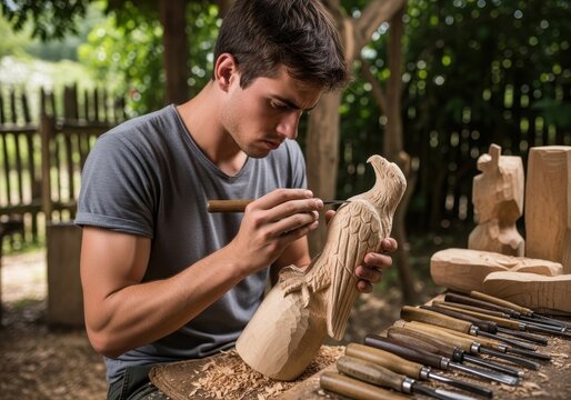 A young caucasian man wood carving an eagle sculpture with a precise chisel, showcasing an artisan’s craft and creative skills.