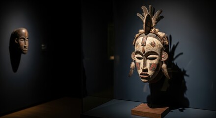 African tribal mask with feathers. Traditional spiritual or ceremonial object. Cultural artifact or museum exhibit. Indigenous art.