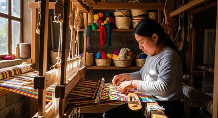 Female weaver creating traditional multicolor fabric on a wooden loom inside a craft workshop, focused on her intricate work.