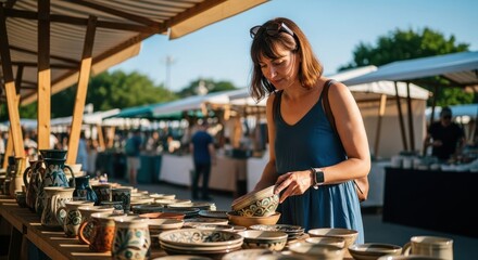 Woman shopping at an outdoor market, looking at handmade ceramic pottery. Art and craft fair with artisan wares.