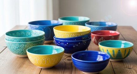 Colorful ceramic bowls on a rustic wooden table. Artisan handcrafted pottery with patterns for home decor and kitchenware.