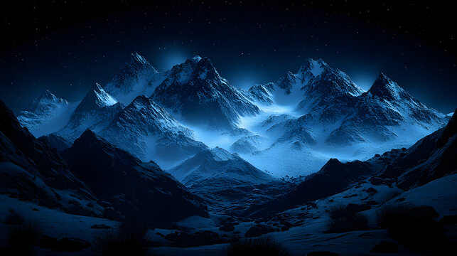 Panoramic view of snow-capped mountains and alpine valleys under a vibrant sunset sky