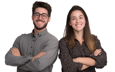 A smiling young Latin business couple standing with crossed arms, isolated on a transparent background
