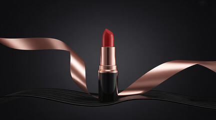 Elegant red lipstick with flowing satin ribbon on dark background