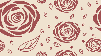 Floral pattern featuring red roses and leaves on cream background  