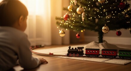 Child watching a toy train move around a decorated Christmas tree with festive lights, creating a happy holiday scene.