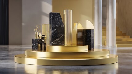 Luxurious Modern Gold and Black Marble Display Stand in Elegant Interior Setting