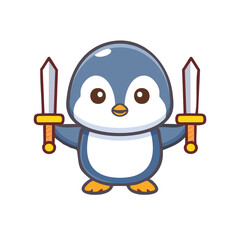 Obraz premium A cartoon penguin is holding two swords, ready for action, in a cute, brave pose. The penguin has a determined expression, showcasing the juxtaposition of cuteness and courage.