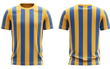A striped blue and yellow T-shirt, no background, transparent PNG 