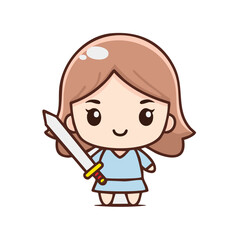 Fototapeta premium A cartoon girl with a sword ready for battle. The cute illustration evokes a sense of strength and bravery
