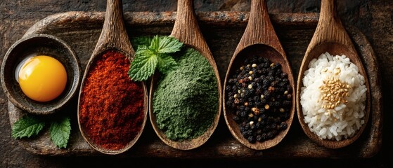 Asian cuisine ingredients arranged on a rustic stone surface with vibrant colors.